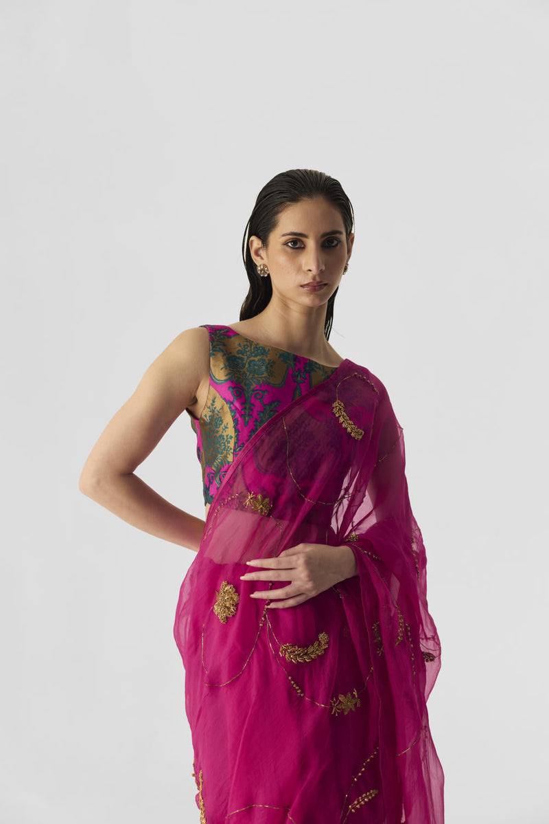 PINK EMBROIDERED SAREE organza by Yam in pink color for women Worldwide