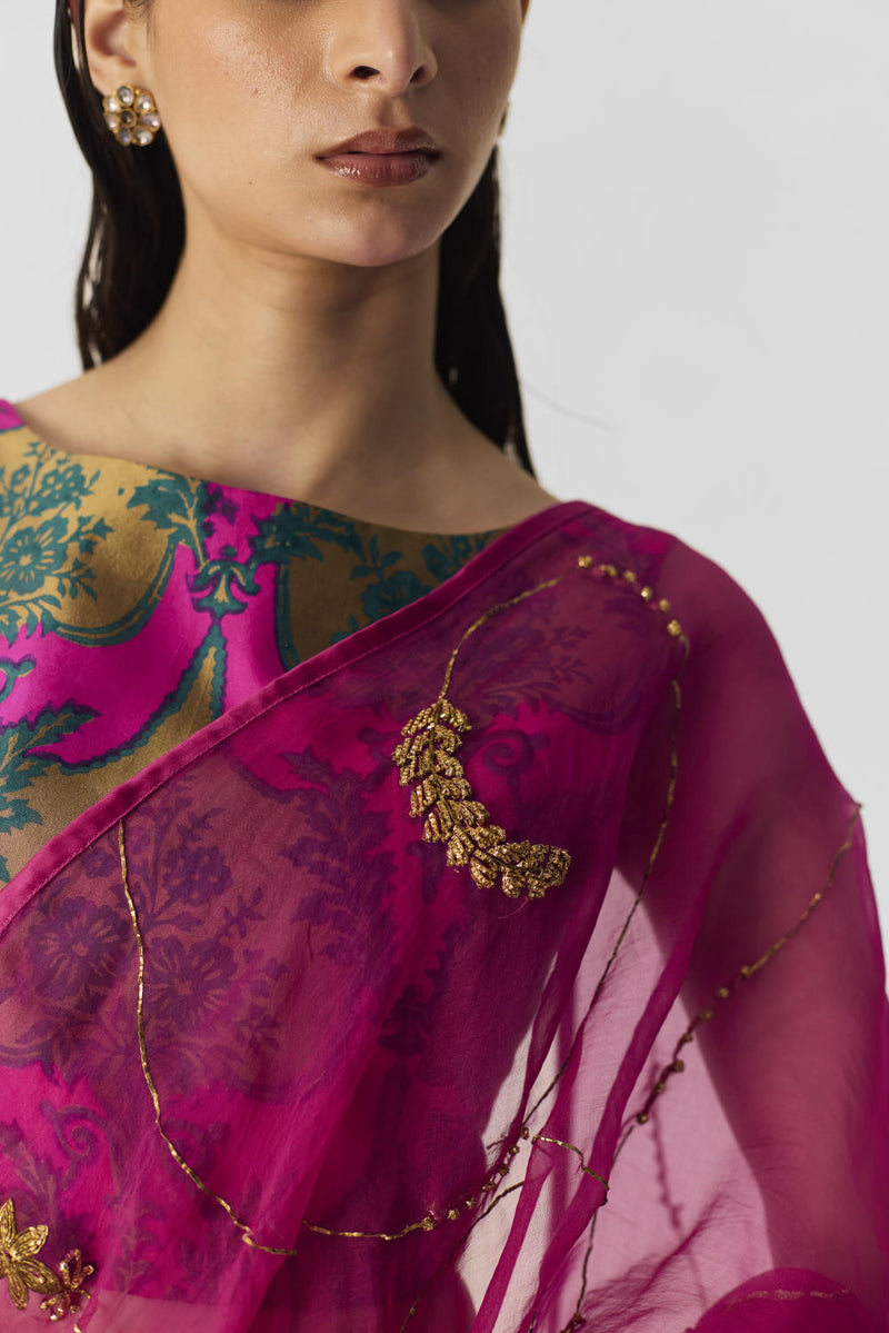 PINK EMBROIDERED SAREE organza by Yam in pink color for women Worldwide