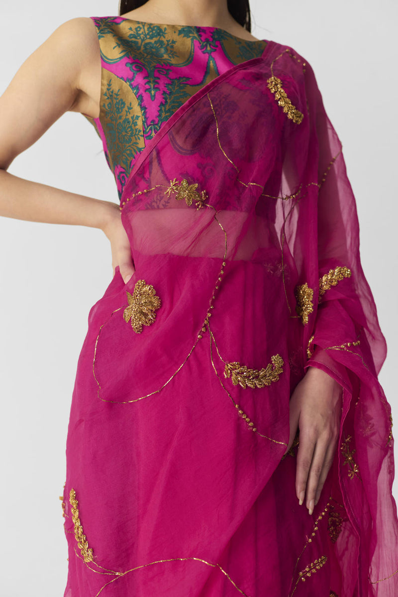 PINK EMBROIDERED SAREE organza by Yam in pink color for women Worldwide