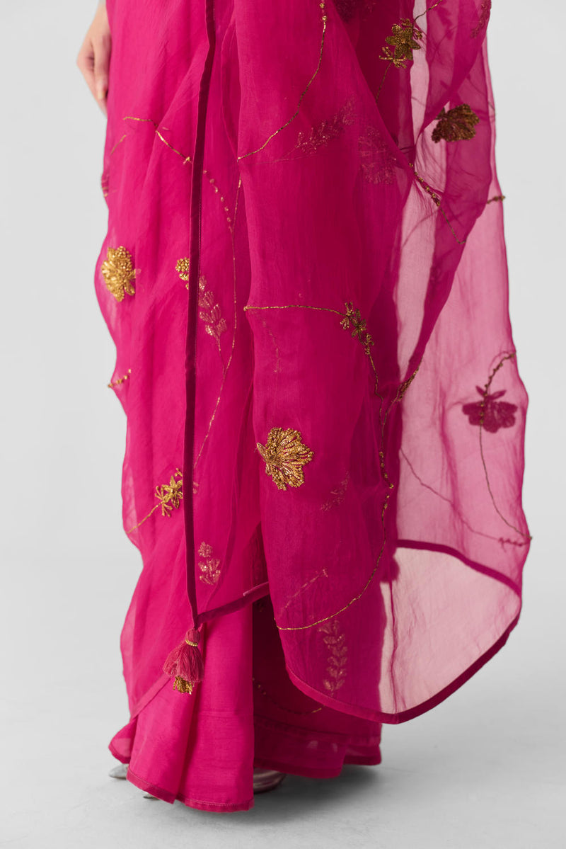 PINK EMBROIDERED SAREE organza by Yam in pink color for women Worldwide