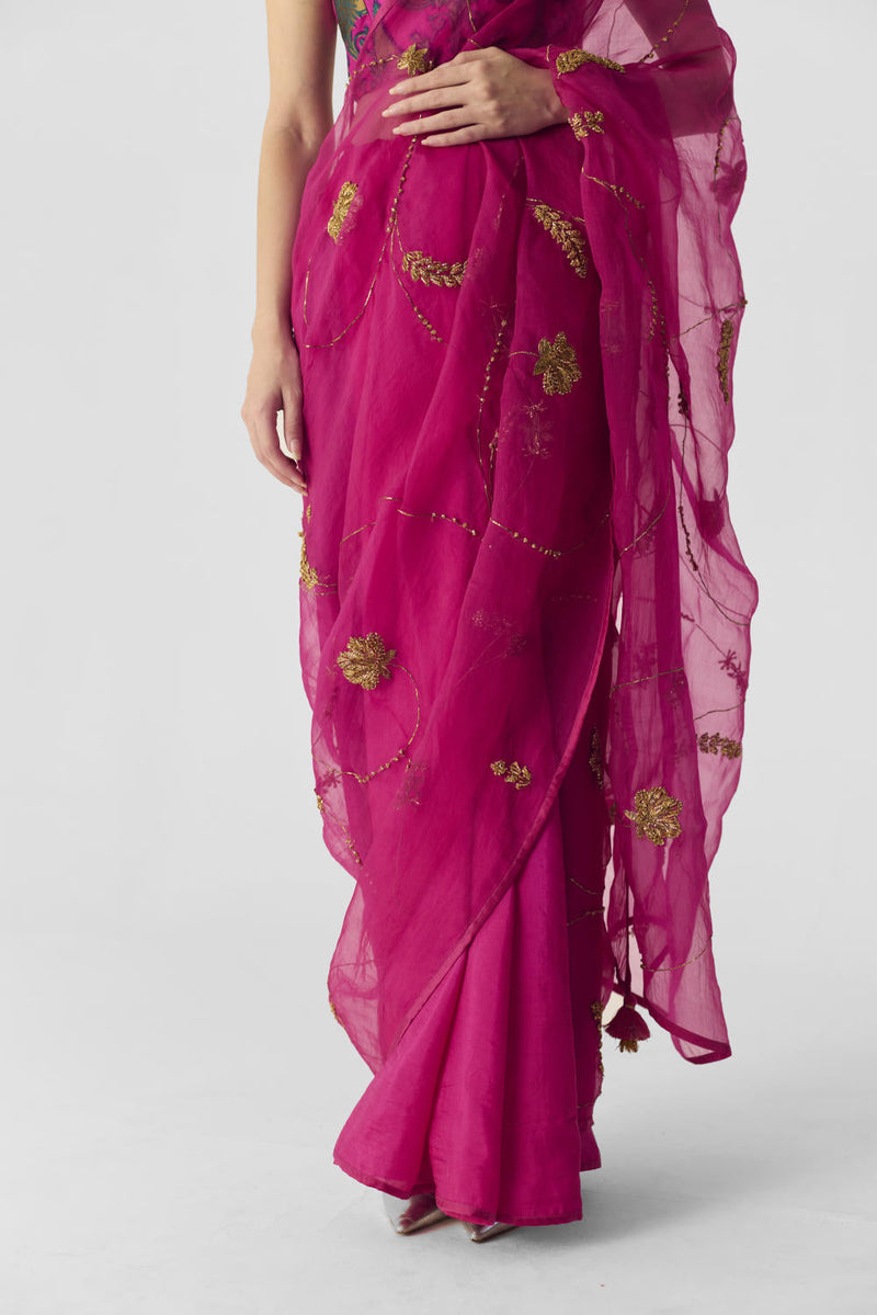 PINK EMBROIDERED SAREE organza by Yam in pink color for women Worldwide