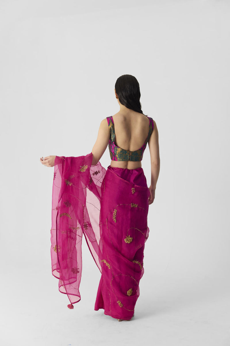 PINK EMBROIDERED SAREE organza by Yam in pink color for women Worldwide