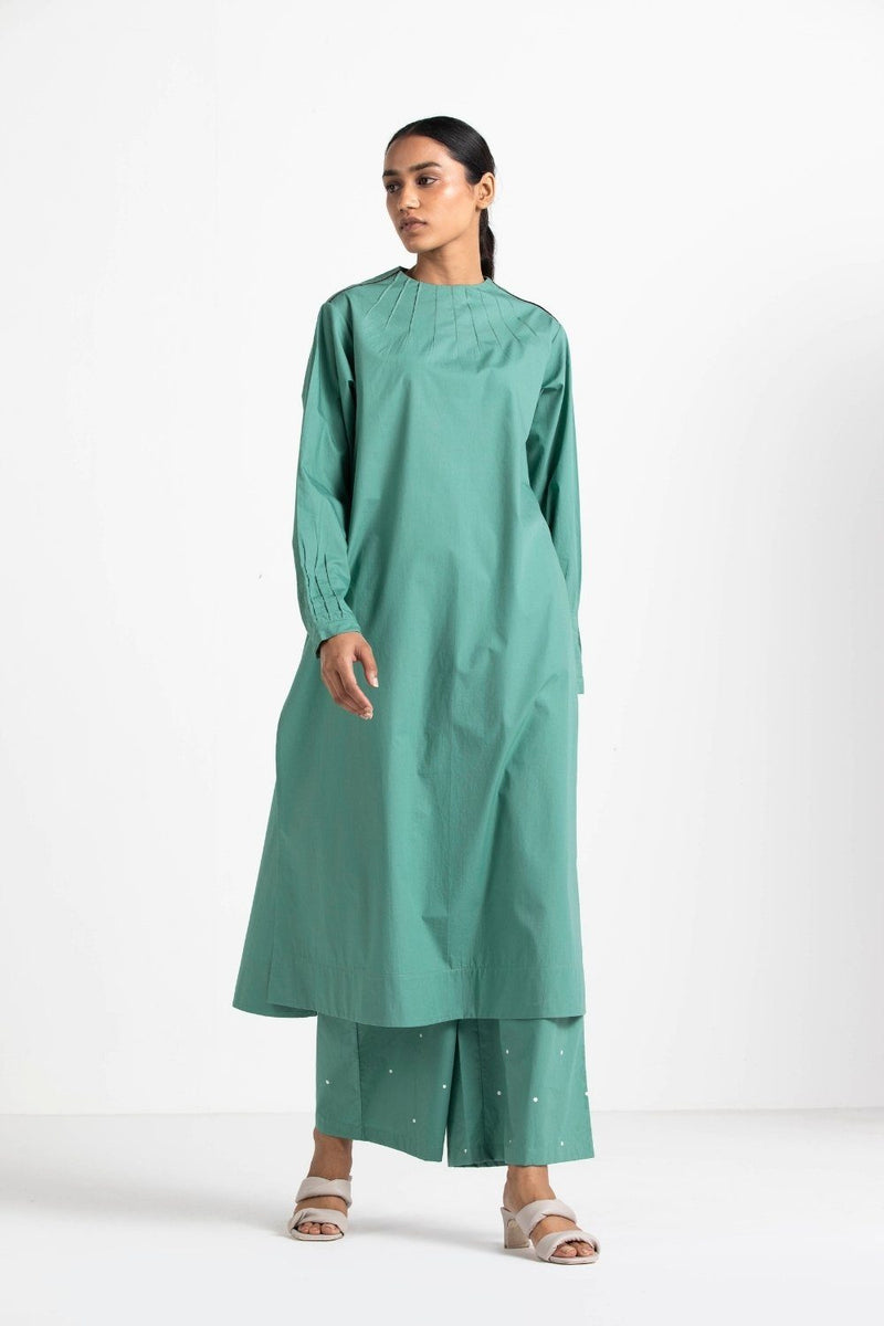 Pintuck Neck Tunic Mineral Green by THREE for women Worldwide