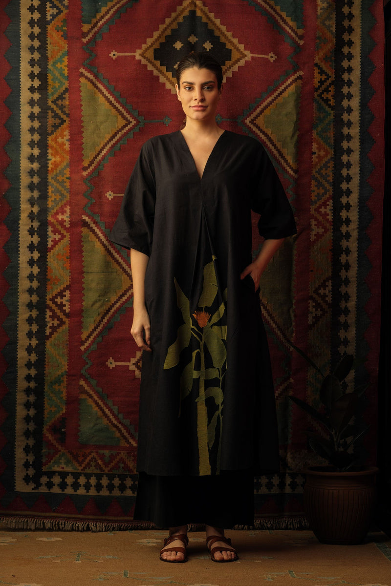 Plantain Leaf Appliqué Embroidered Kaftan Black Lounge Wear,Top & Tunics by Mallika Mathur in black color for women Worldwide
