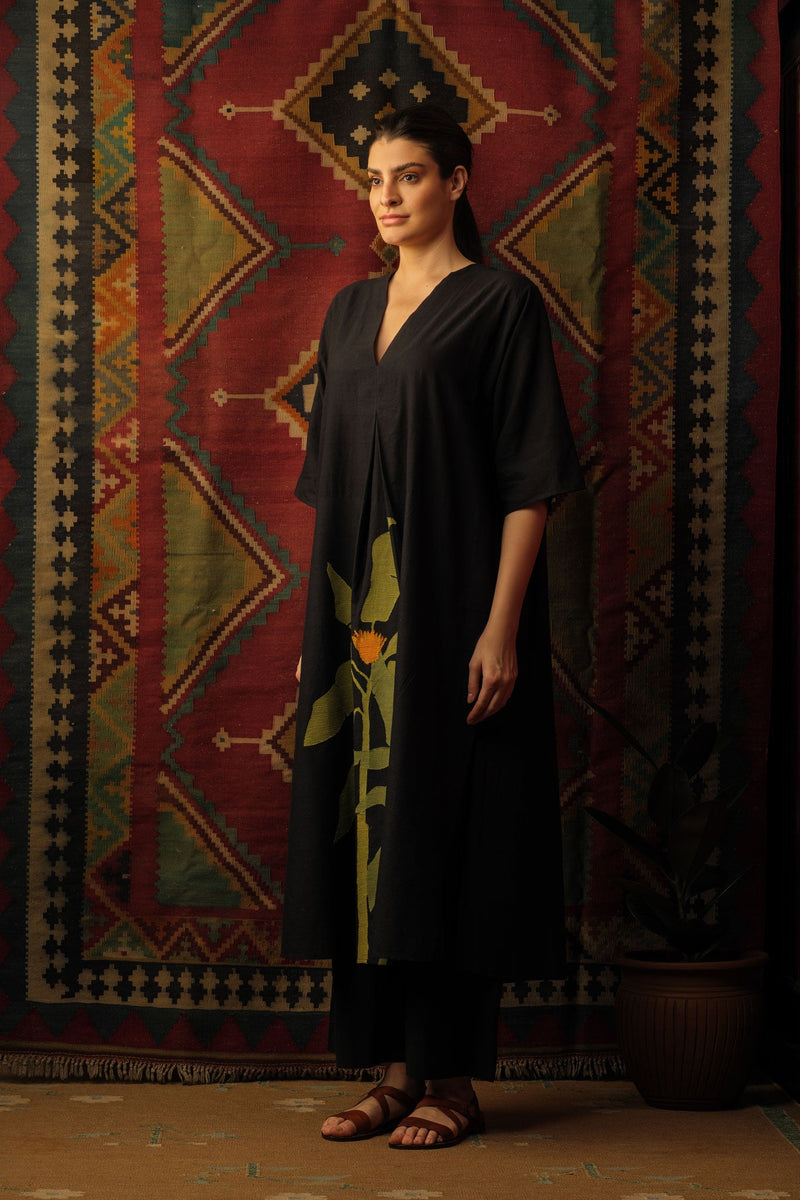 Plantain Leaf Appliqué Embroidered Kaftan Black Lounge Wear,Top & Tunics by Mallika Mathur in black color for women Worldwide