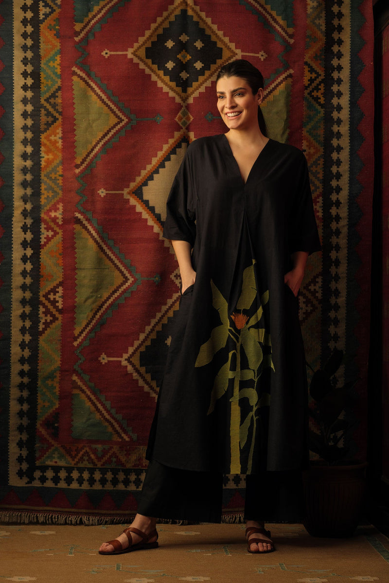 Plantain Leaf Appliqué Embroidered Kaftan Black Lounge Wear,Top & Tunics by Mallika Mathur in black color for women Worldwide