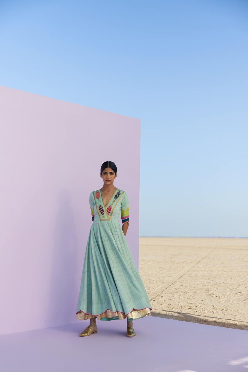 POWDER BLUE PRINTED ANARKALI SET Kurta Sets by Rajiramniq for women Worldwide