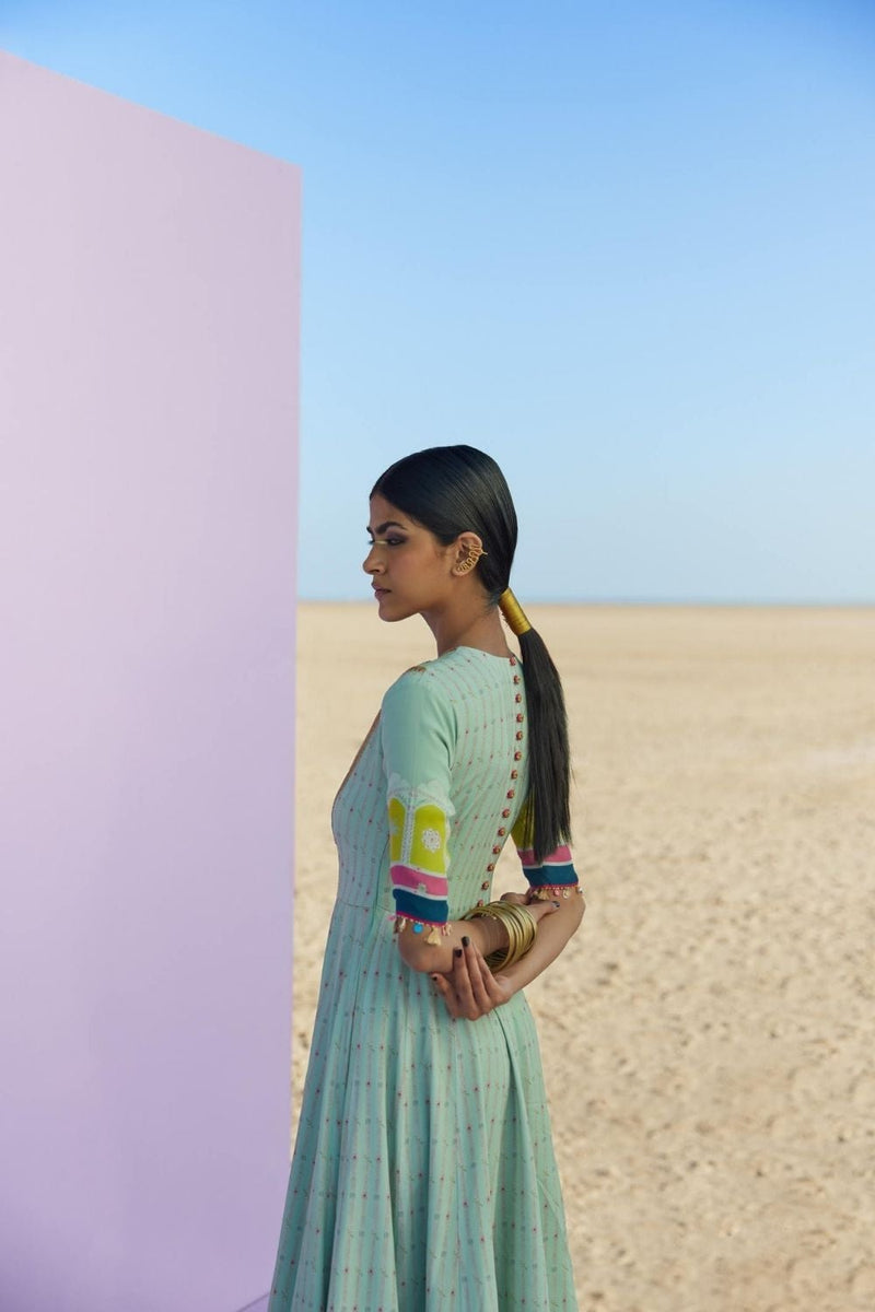 POWDER BLUE PRINTED ANARKALI SET Kurta Sets by Rajiramniq for women Worldwide