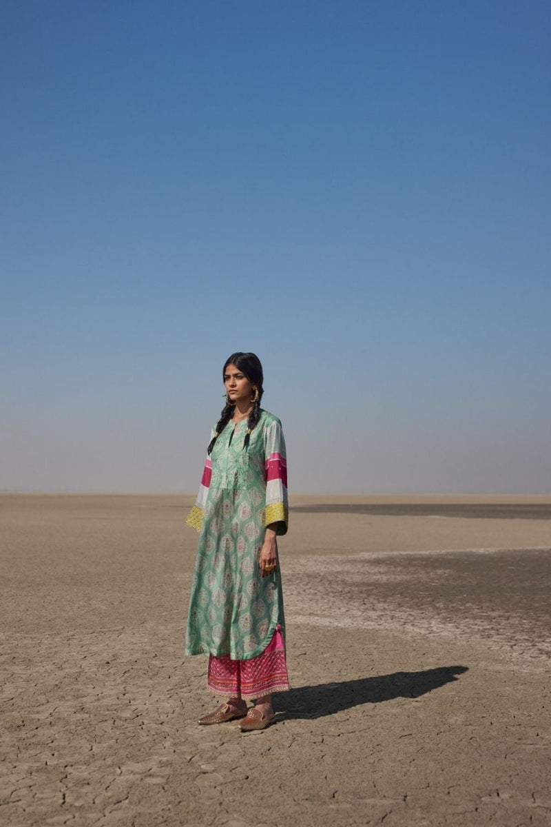 POWDER BLUE PRINTED SILK BACK PLEAT KURTA SET Kurta Sets by Rajiramniq for women Worldwide