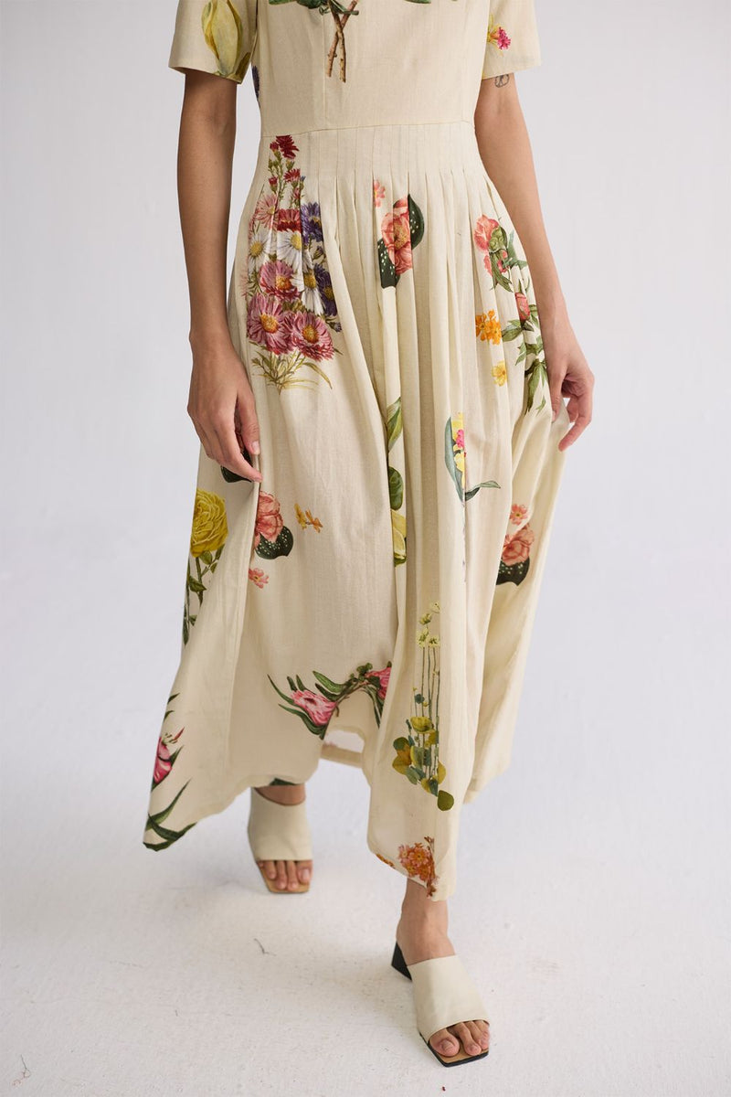 PRIMAVERA HALF PLEATED DRESS poplin dress by YAM in off white for women Worldwide