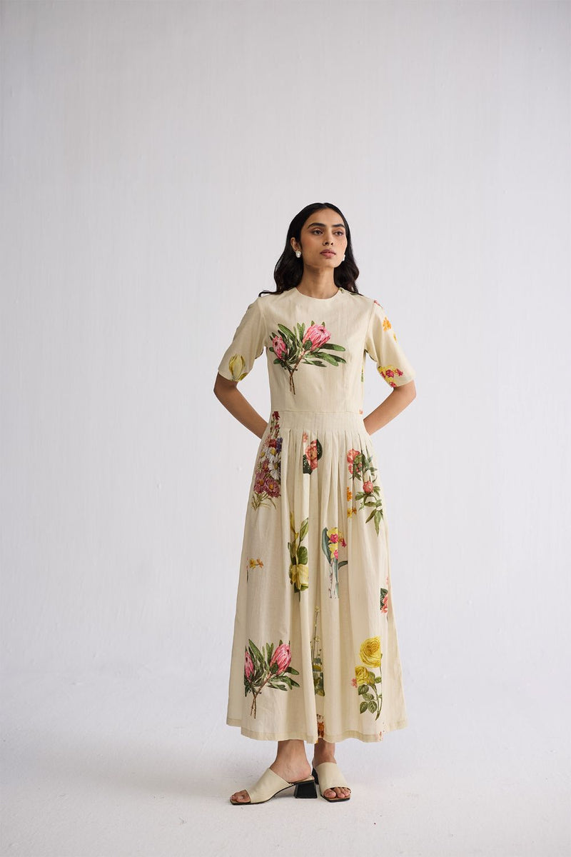PRIMAVERA HALF PLEATED DRESS poplin dress by YAM in off white for women Worldwide