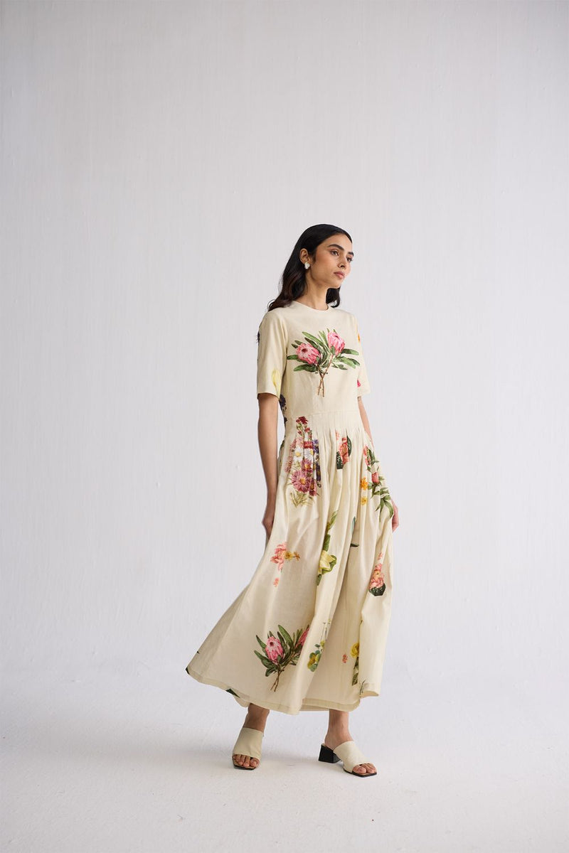PRIMAVERA HALF PLEATED DRESS poplin dress by YAM in off white for women Worldwide
