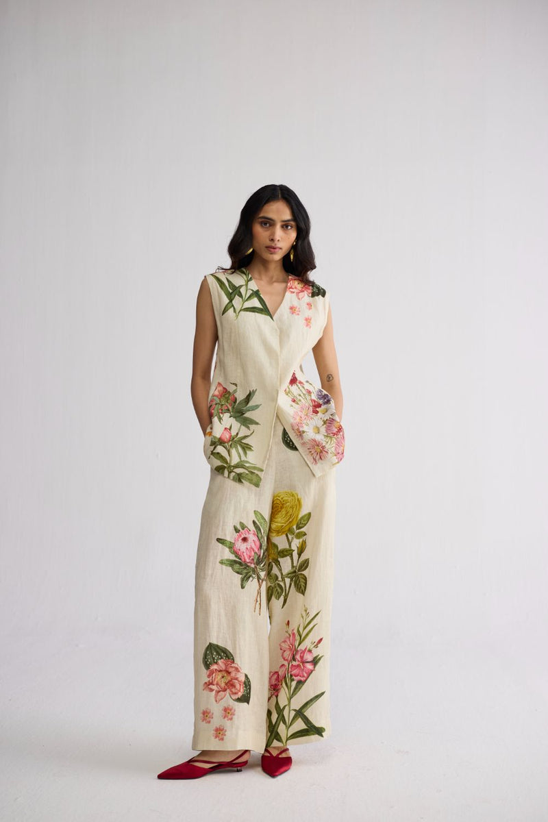 PRIMAVERA PANELLED WAISTCOAT & PANTS SET linen co-ord set by YAM in off white for women Worldwide