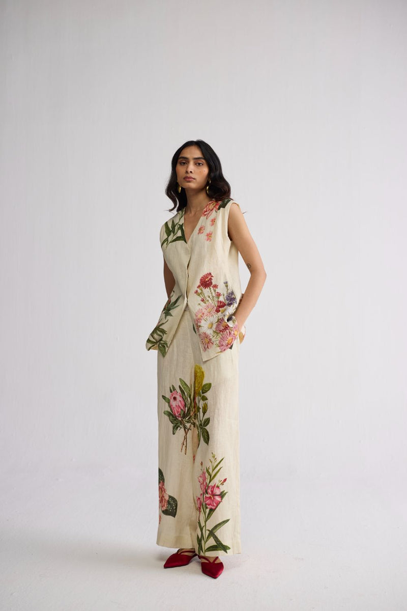 PRIMAVERA PANELLED WAISTCOAT & PANTS SET linen co-ord set by YAM in off white for women Worldwide