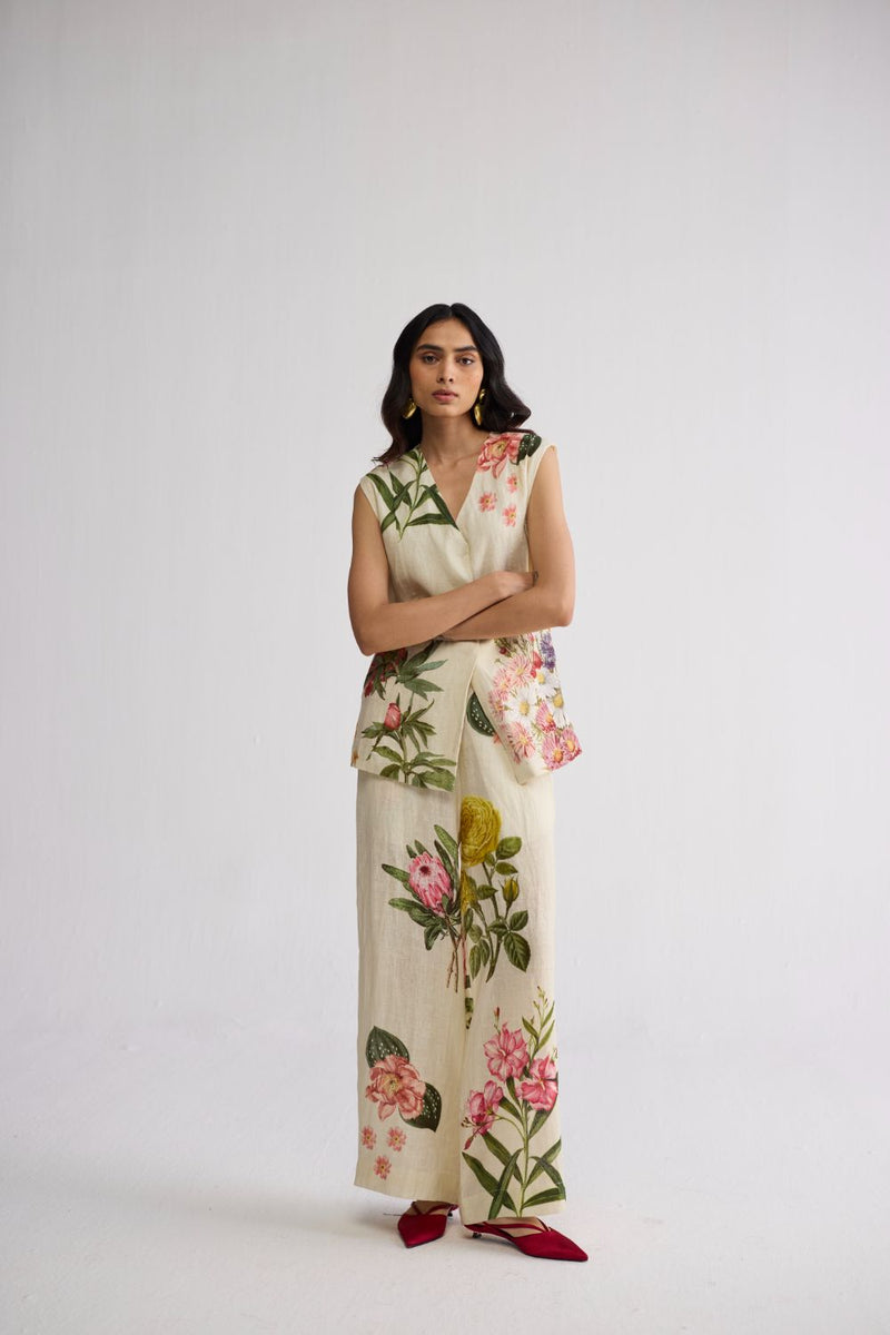PRIMAVERA PANELLED WAISTCOAT & PANTS SET linen co-ord set by YAM in off white for women Worldwide