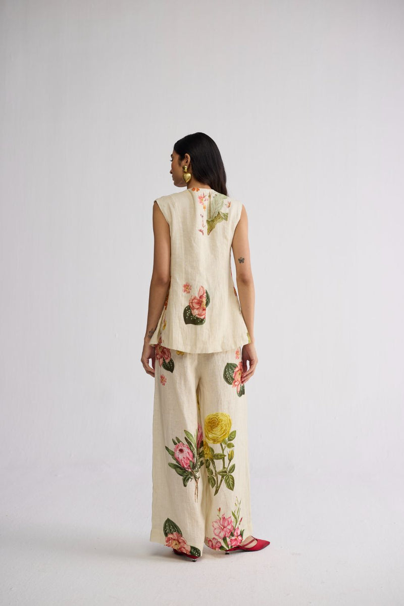 PRIMAVERA PANELLED WAISTCOAT & PANTS SET linen co-ord set by YAM in off white for women Worldwide