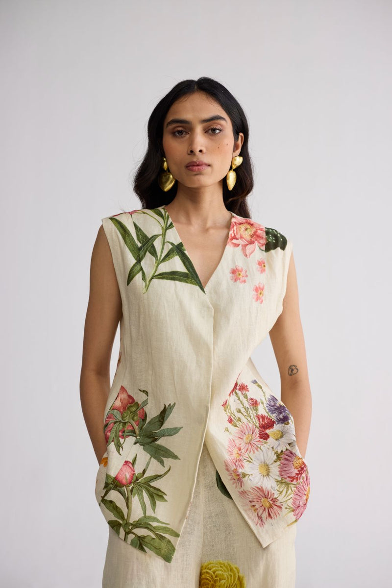 PRIMAVERA PANELLED WAISTCOAT & PANTS SET linen co-ord set by YAM in off white for women Worldwide