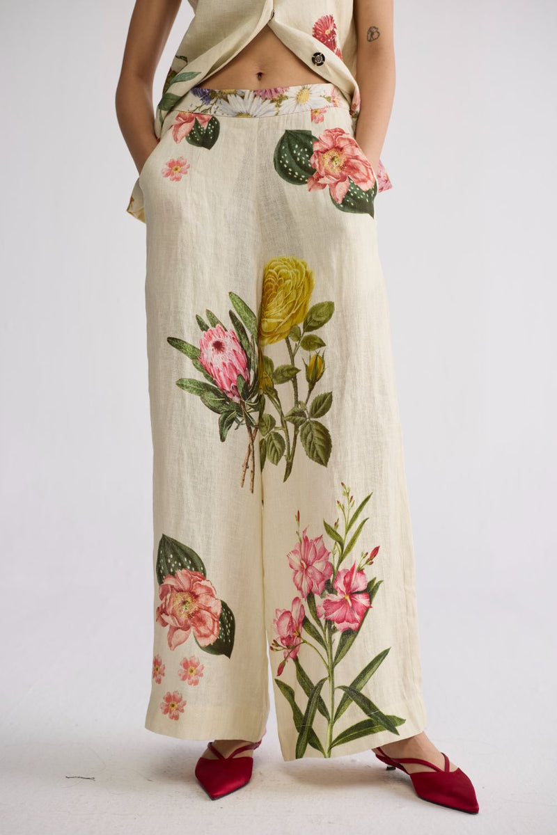 PRIMAVERA PANELLED WAISTCOAT & PANTS SET linen co-ord set by YAM in off white for women Worldwide