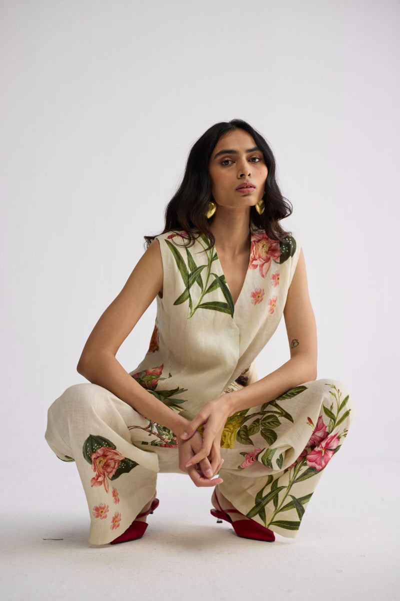 PRIMAVERA PANELLED WAISTCOAT & PANTS SET linen co-ord set by YAM in off white for women Worldwide