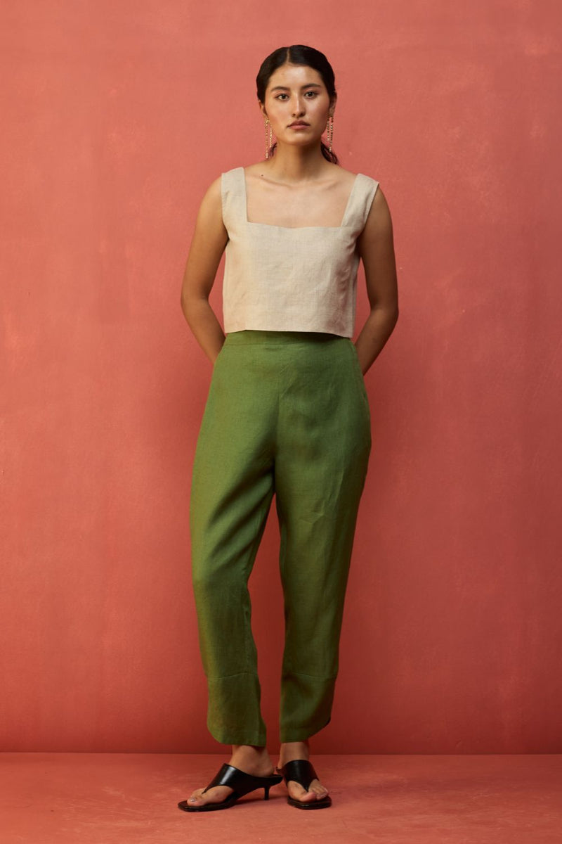 Ikis Overlapping Hem Linen Pants - Fern Green by Manan for Worldwide