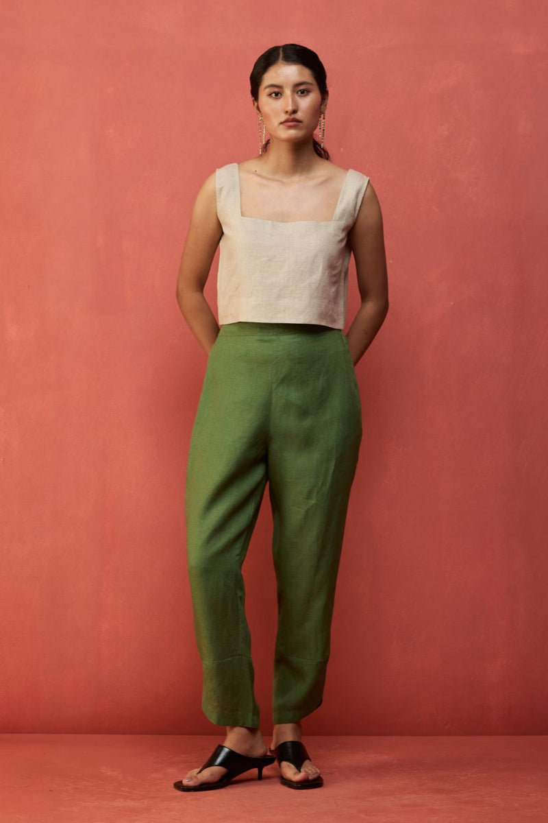 Ikis Overlapping Hem Linen Pants - Fern Green by Manan for Worldwide