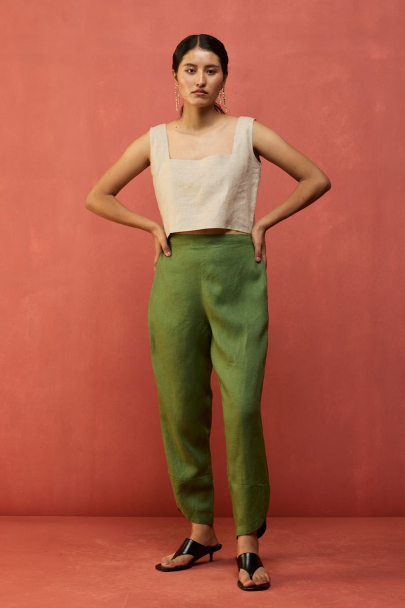 Ikis Overlapping Hem Linen Pants - Fern Green by Manan for Worldwide