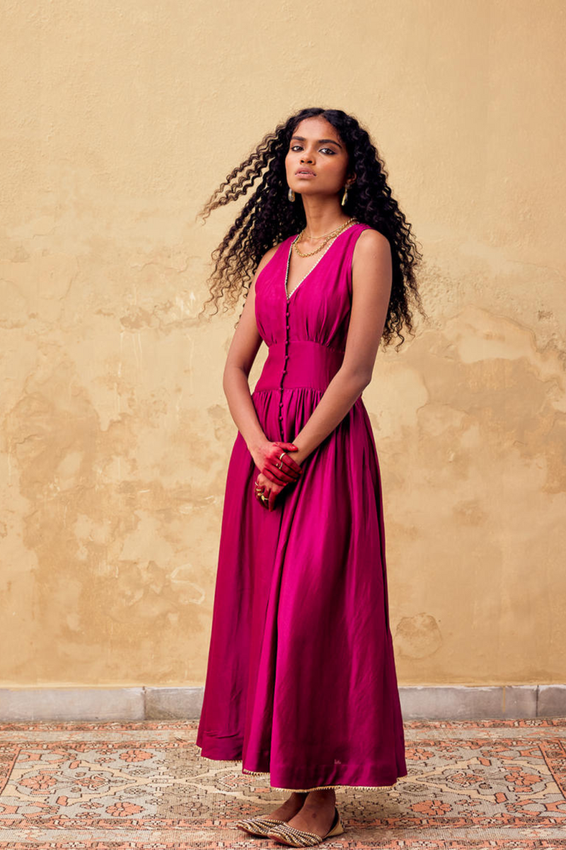 Roohafza Dress chanderi by Khara Kapas in pink for women Worldwide