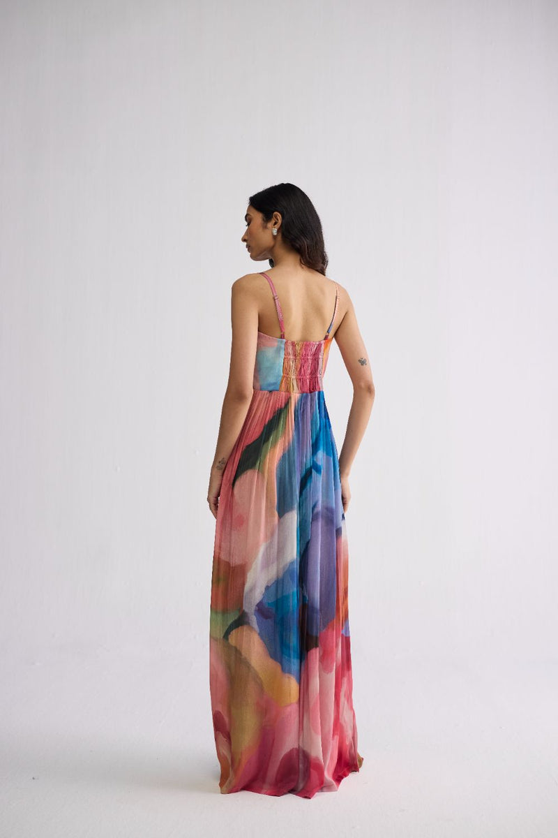 RAINBOW GARDEN CREPE COWL BRALETTE DRESS crepe dress by YAM in multicolor for women Worldwide