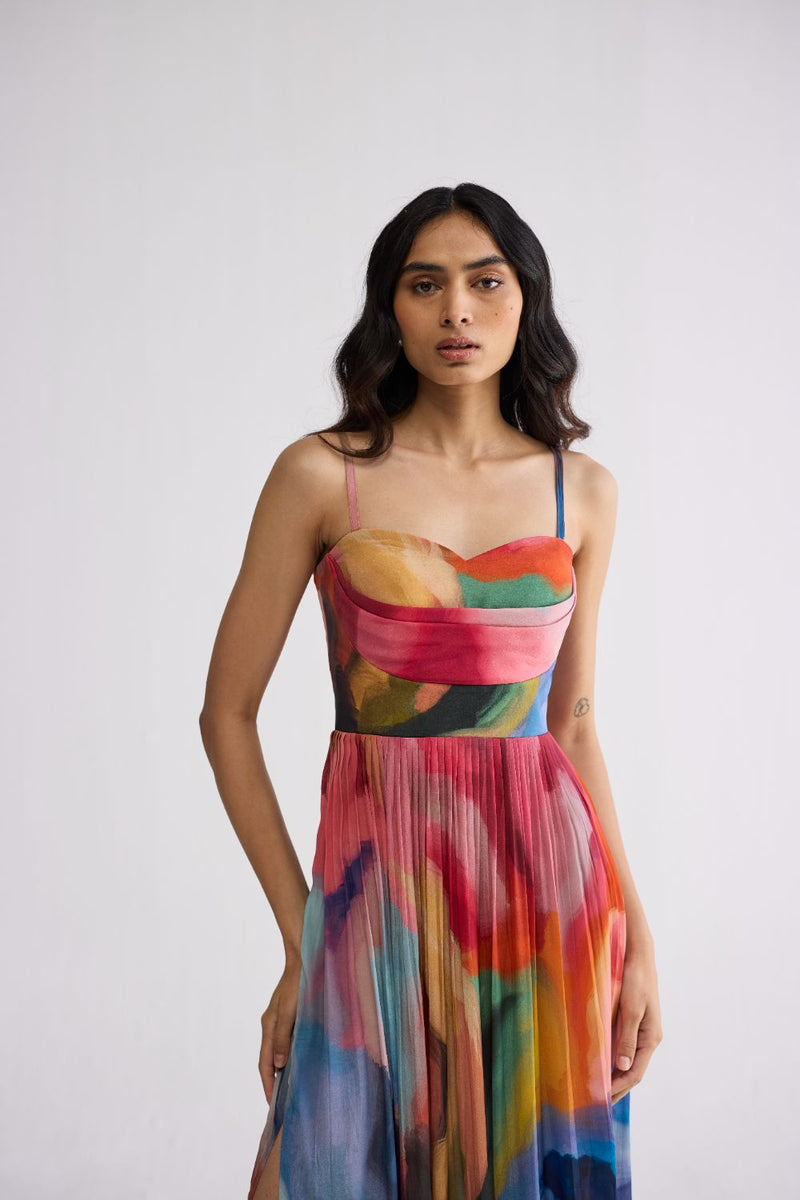 RAINBOW GARDEN CREPE COWL BRALETTE DRESS crepe dress by YAM in multicolor for women Worldwide
