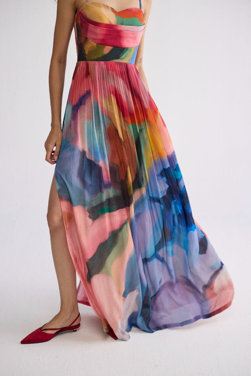 RAINBOW GARDEN CREPE COWL BRALETTE DRESS crepe dress by YAM in multicolor for women Worldwide