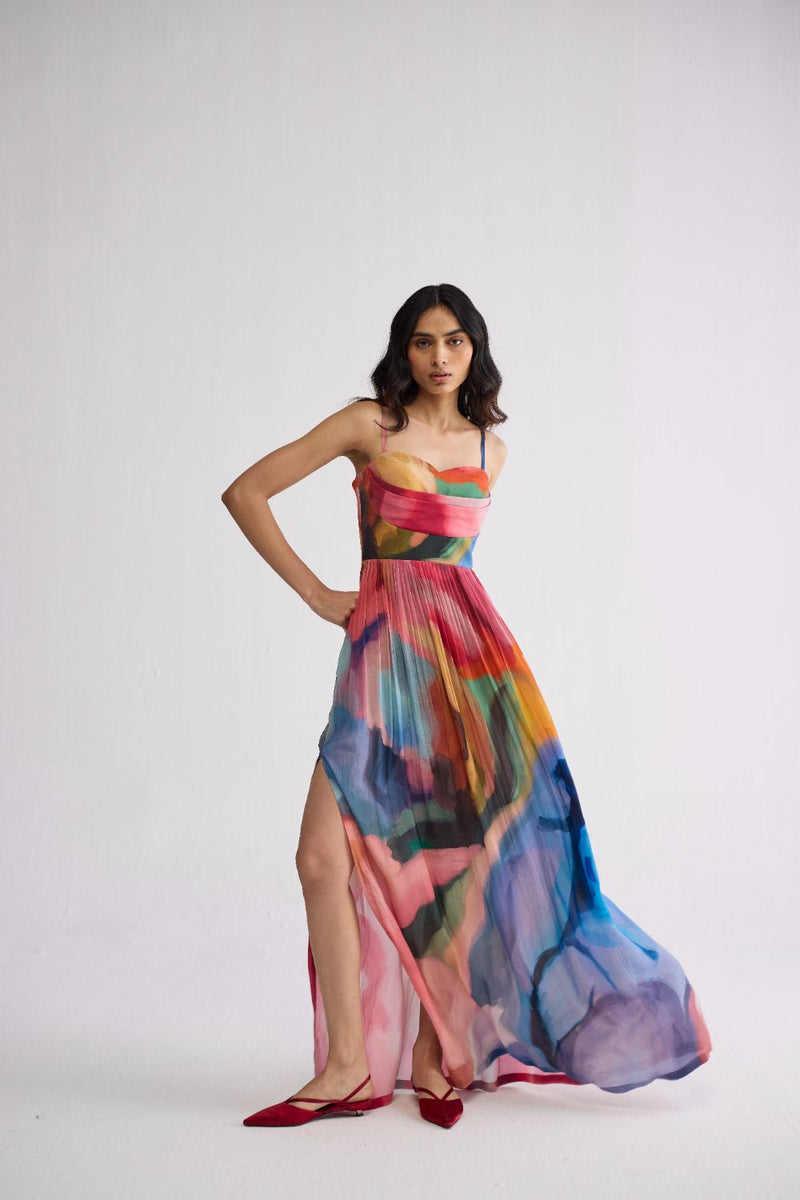 RAINBOW GARDEN CREPE COWL BRALETTE DRESS crepe dress by YAM in multicolor for women Worldwide