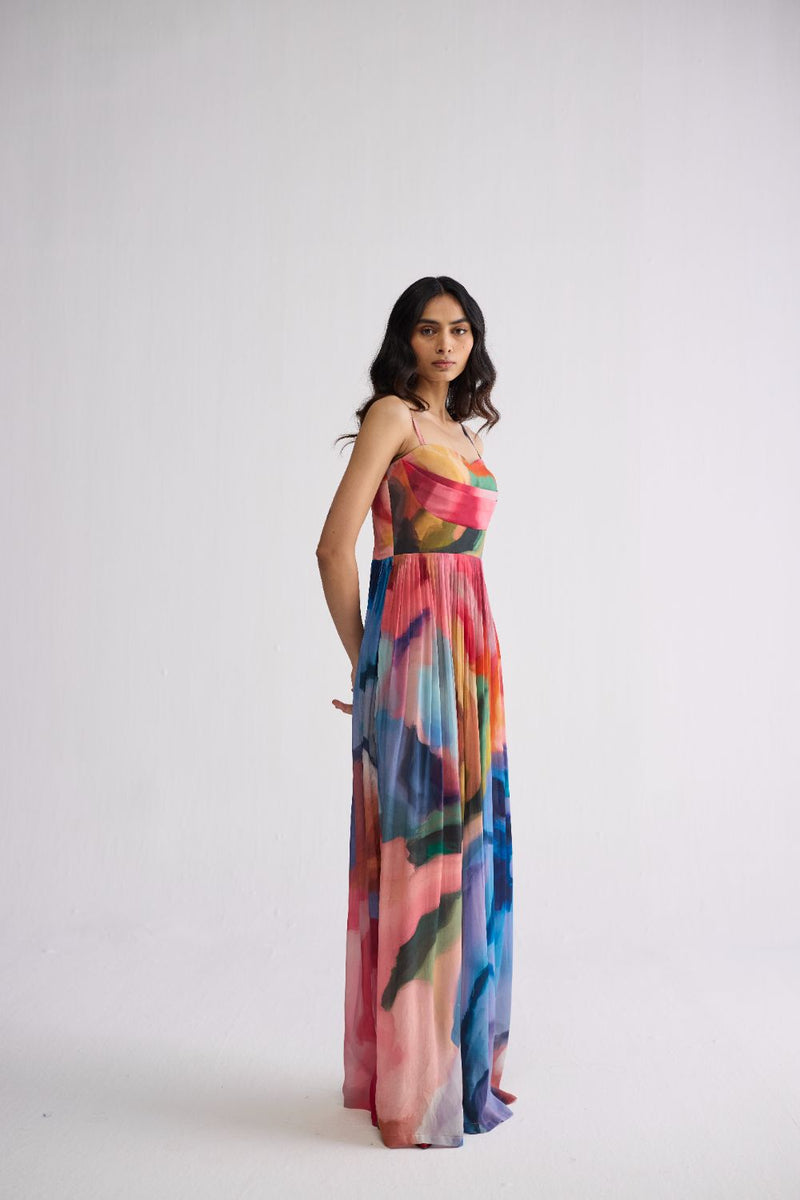 RAINBOW GARDEN CREPE COWL BRALETTE DRESS crepe dress by YAM in multicolor for women Worldwide