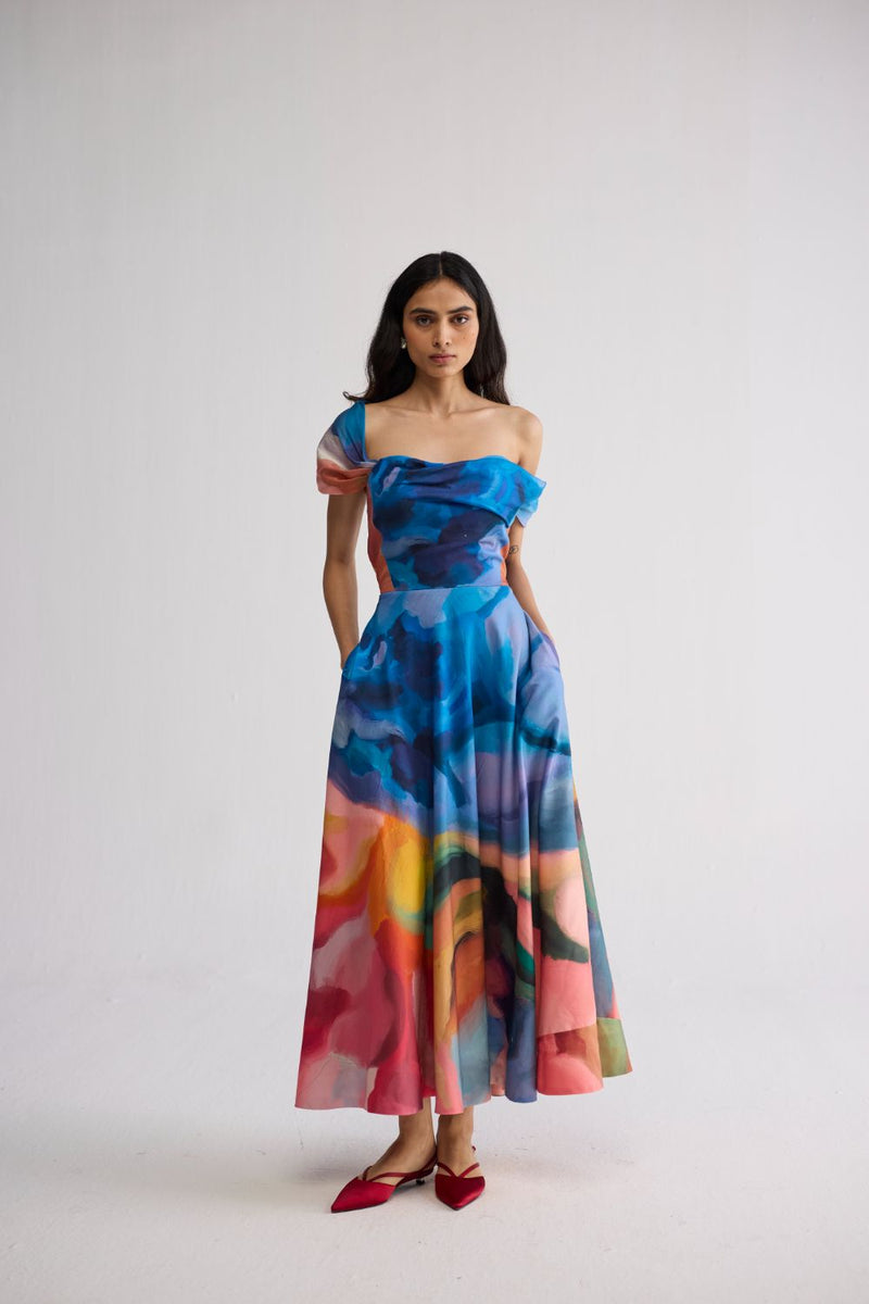 RAINBOW GARDEN DRAPED OFF SHOULDER DRESS cotton satin dress by YAM in multicolor for women Worldwide