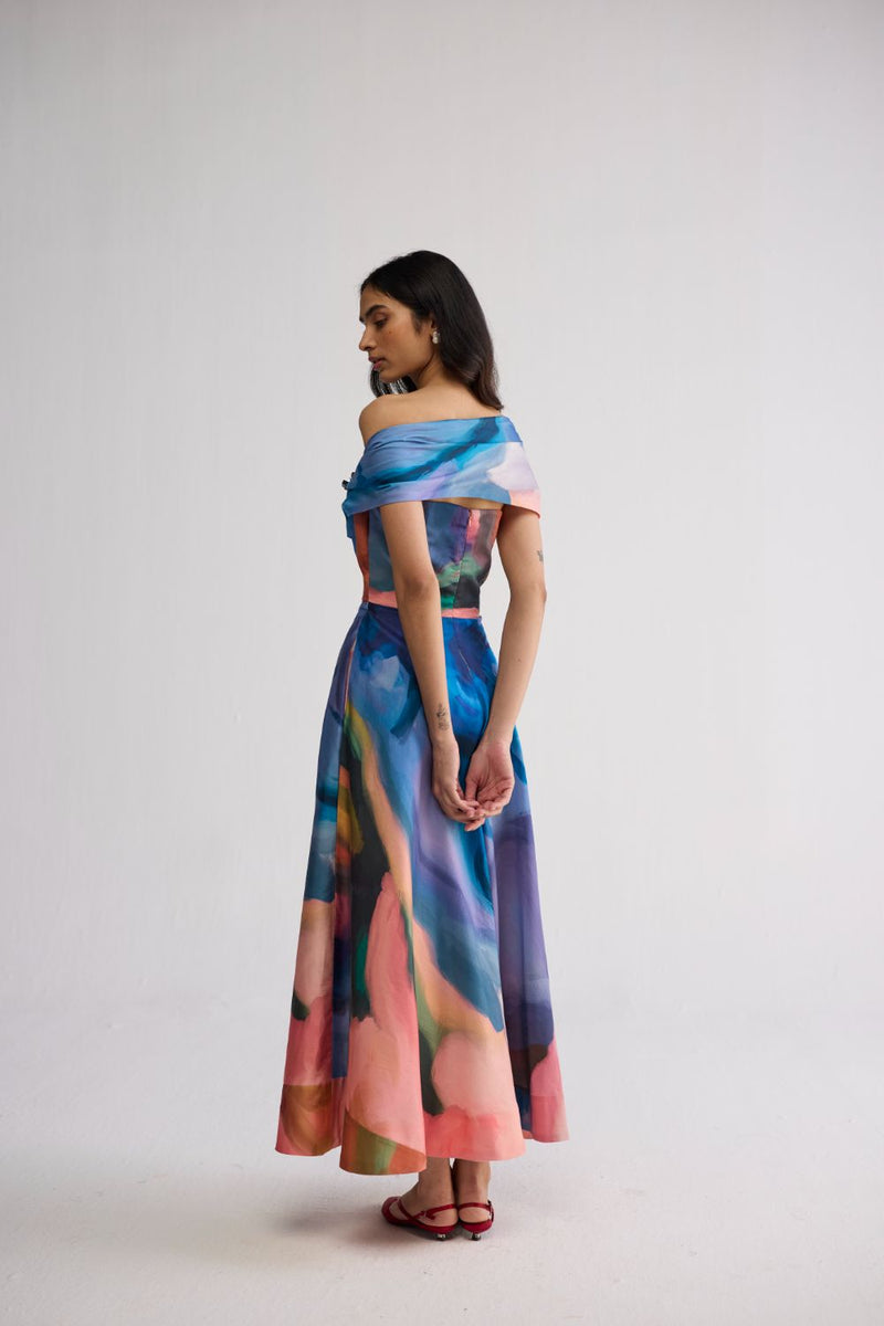 RAINBOW GARDEN DRAPED OFF SHOULDER DRESS cotton satin dress by YAM in multicolor for women Worldwide