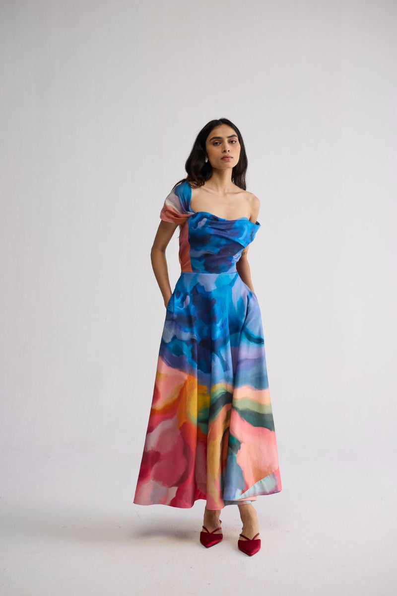 RAINBOW GARDEN DRAPED OFF SHOULDER DRESS cotton satin dress by YAM in multicolor for women Worldwide