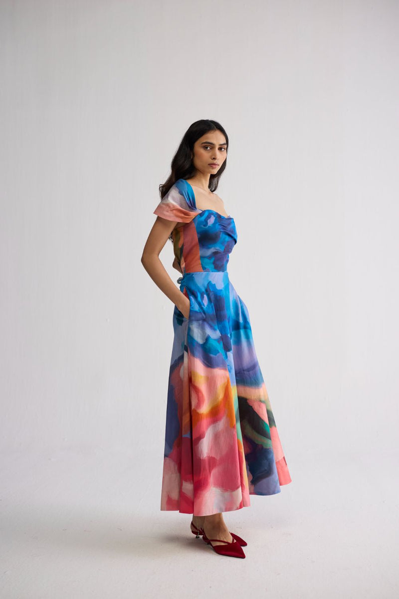 RAINBOW GARDEN DRAPED OFF SHOULDER DRESS cotton satin dress by YAM in multicolor for women Worldwide