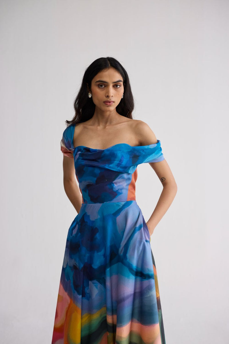 RAINBOW GARDEN DRAPED OFF SHOULDER DRESS cotton satin dress by YAM in multicolor for women Worldwide