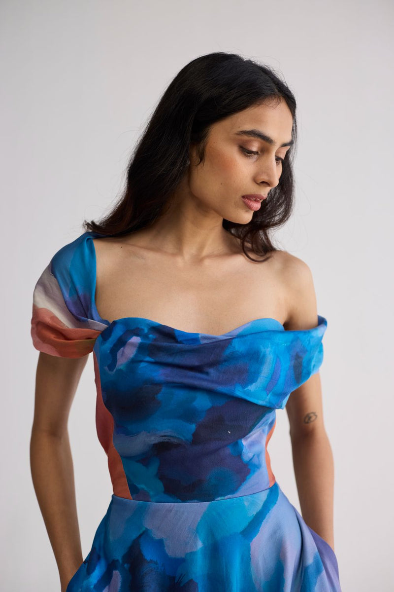 RAINBOW GARDEN DRAPED OFF SHOULDER DRESS cotton satin dress by YAM in multicolor for women Worldwide
