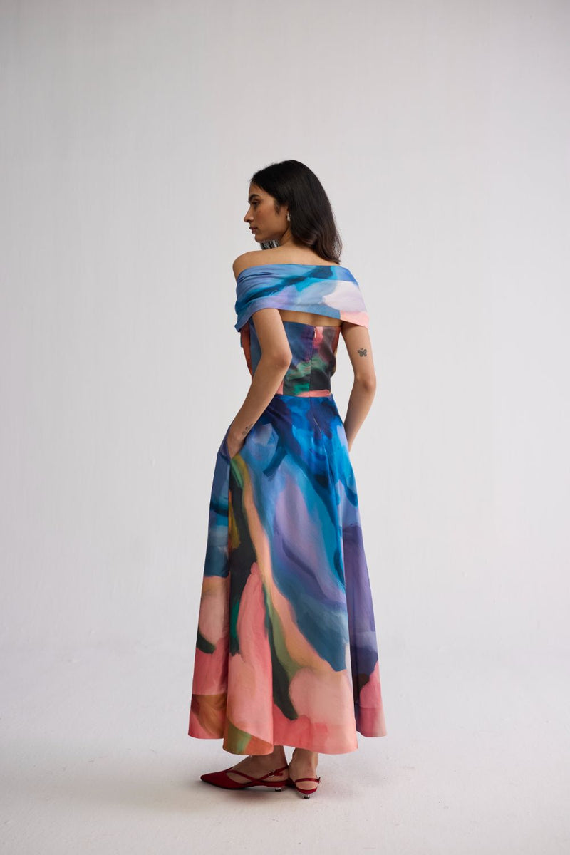 RAINBOW GARDEN DRAPED OFF SHOULDER DRESS cotton satin dress by YAM in multicolor for women Worldwide
