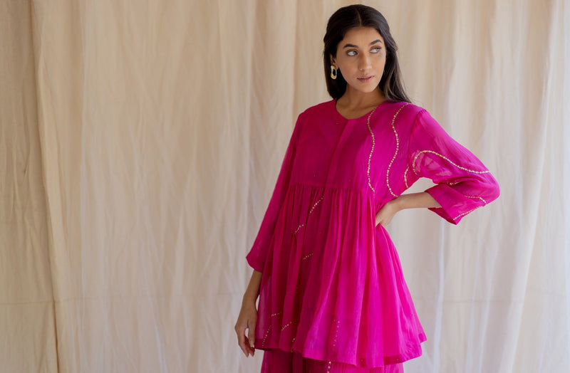 Rani Pink Nayab Gharara Set by Nirjara for women Worldwide