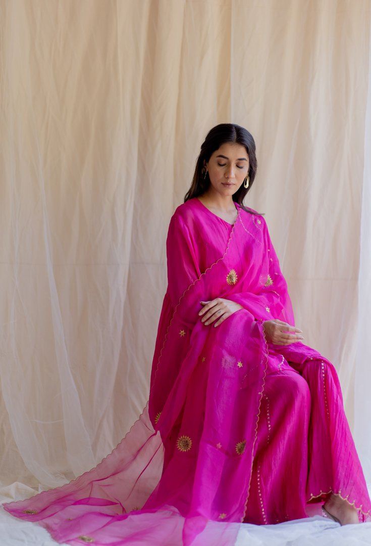 Rani Pink Nayab Gharara Set by Nirjara for women Worldwide