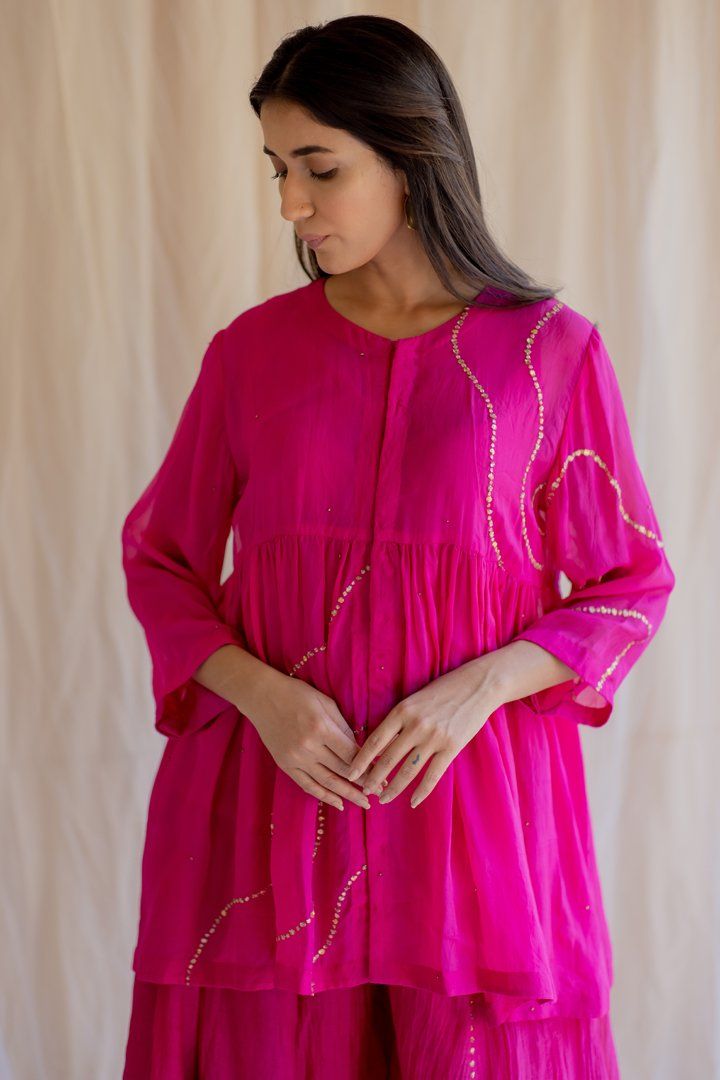 Rani Pink Nayab Gharara Set by Nirjara for women Worldwide
