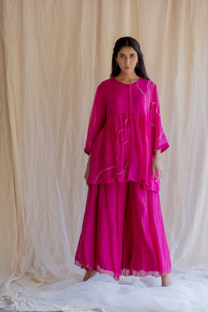 Rani Pink Nayab Gharara Set by Nirjara for women Worldwide