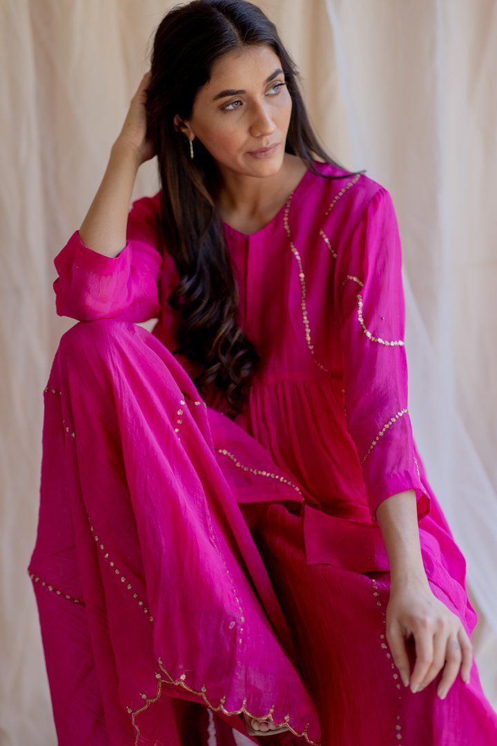 Rani Pink Nayab Gharara Set by Nirjara for women Worldwide