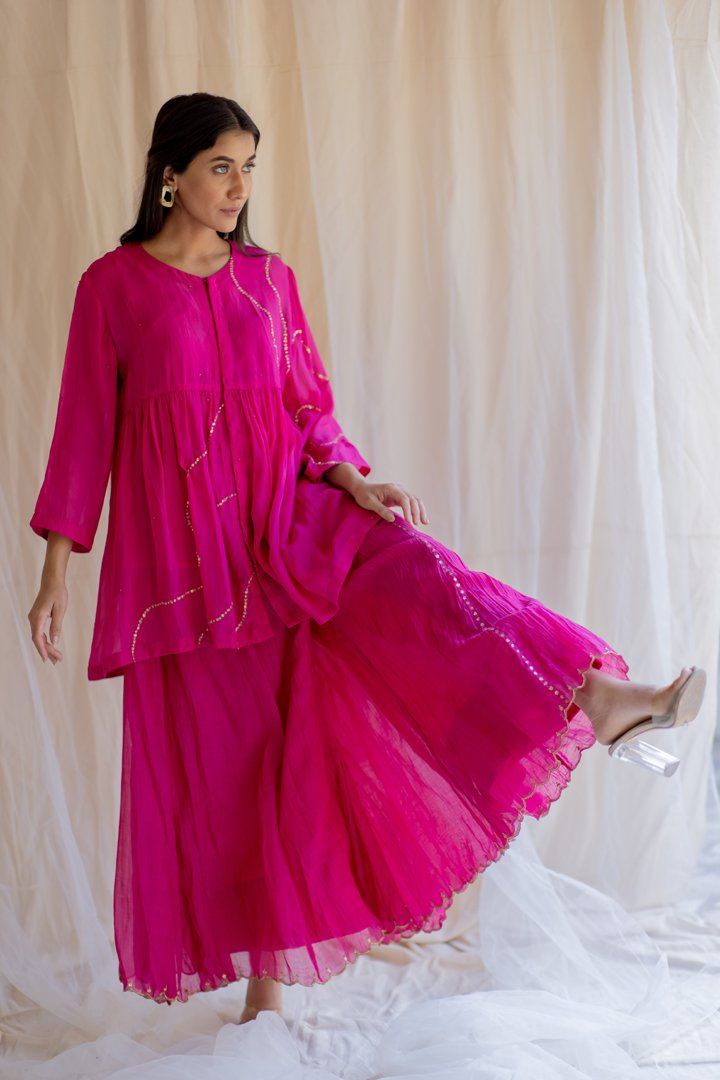 Rani Pink Nayab Gharara Set by Nirjara for women Worldwide