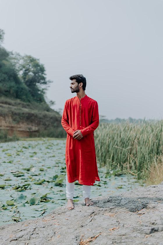 Red Angrakha Kurta by Nirjara Men for men Worldwide