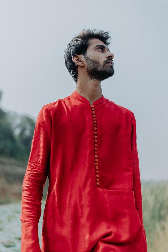 Red Angrakha Kurta by Nirjara Men for men Worldwide
