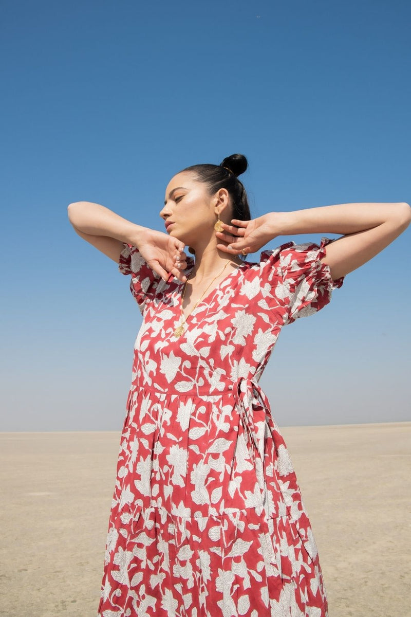 Red Lilies Tier Wrap Dress Top & Tunics,Dress by Marche for women Worldwide