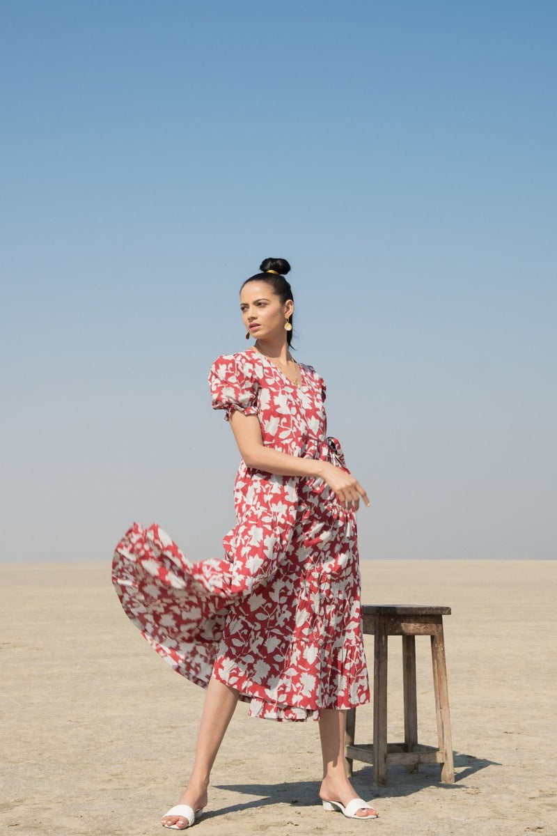 Red Lilies Tier Wrap Dress Top & Tunics,Dress by Marche for women Worldwide