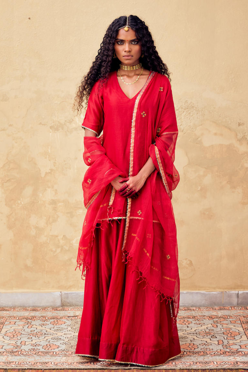 Ishq Sharara set with Dupatta chanderi by Khara Kapas in red for women Worldwide